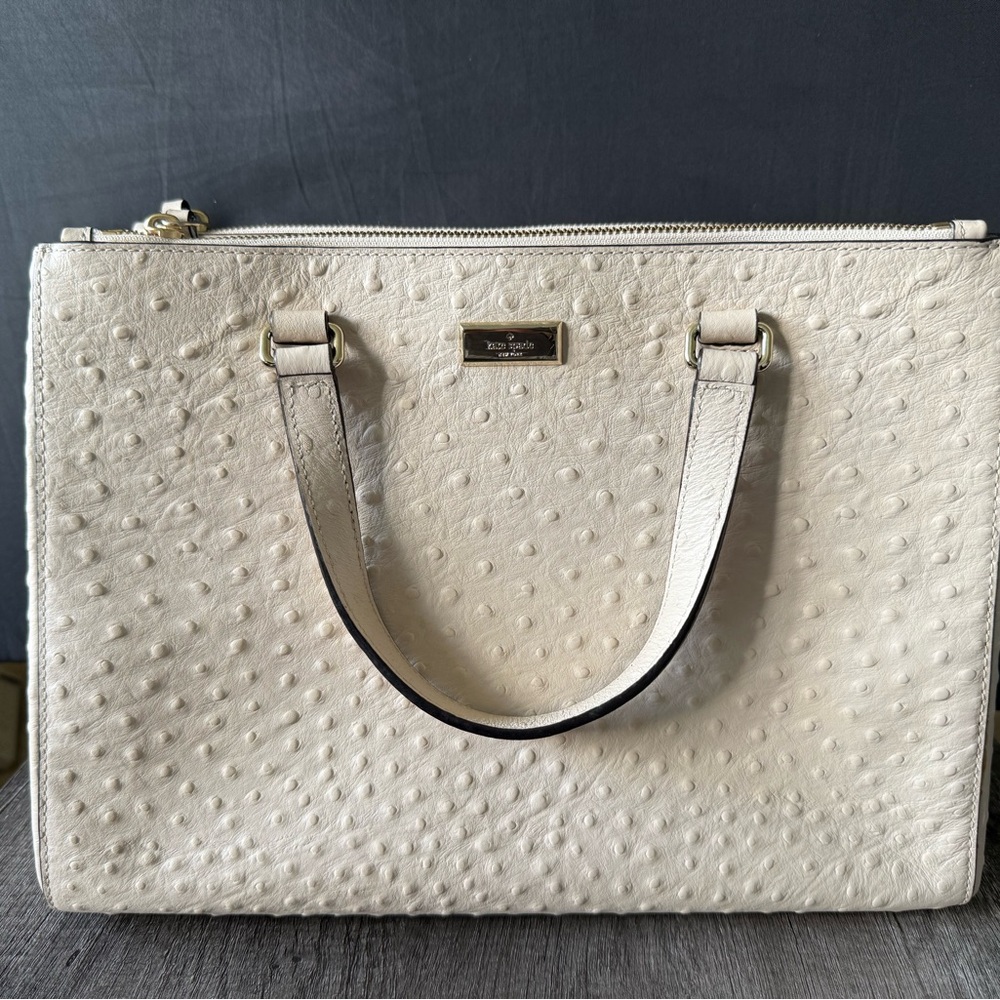 kate spade Cream Ostrich-Embossed Satchel with Gold Chain Accents